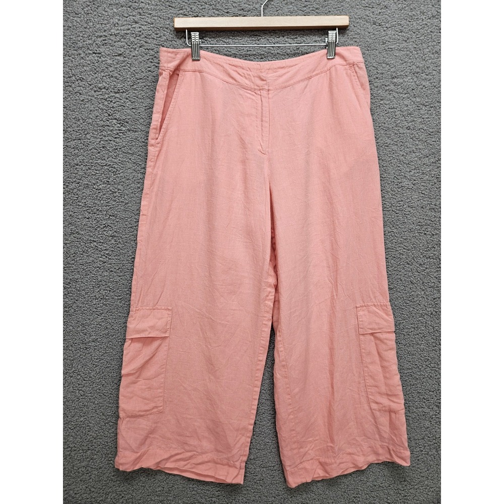 Eileen Fisher Cargo Pants M Pink Linen Wide Leg Cropped Lagenlook Coastal Summer
